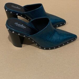 Charles David Teal Croc-Embossed Mules